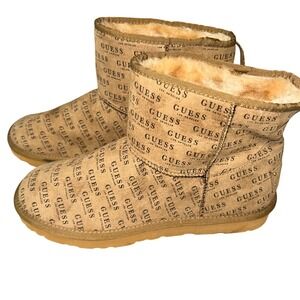 Guess Los Angeles Tan Logo Print Faux Fur Lined Winter Boots Womens 10M
